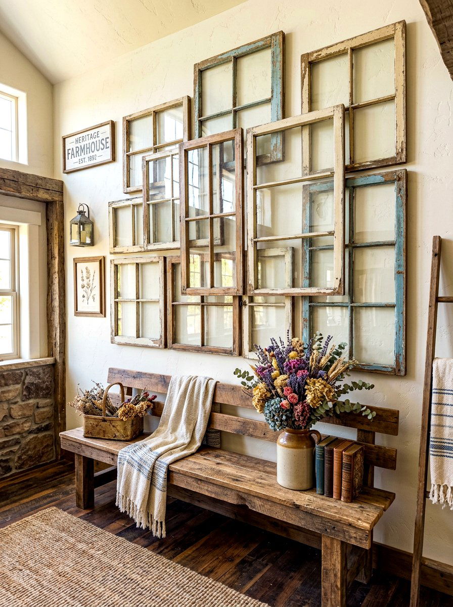 Farmhouse window pane wall - 30 salon wall entry ideas