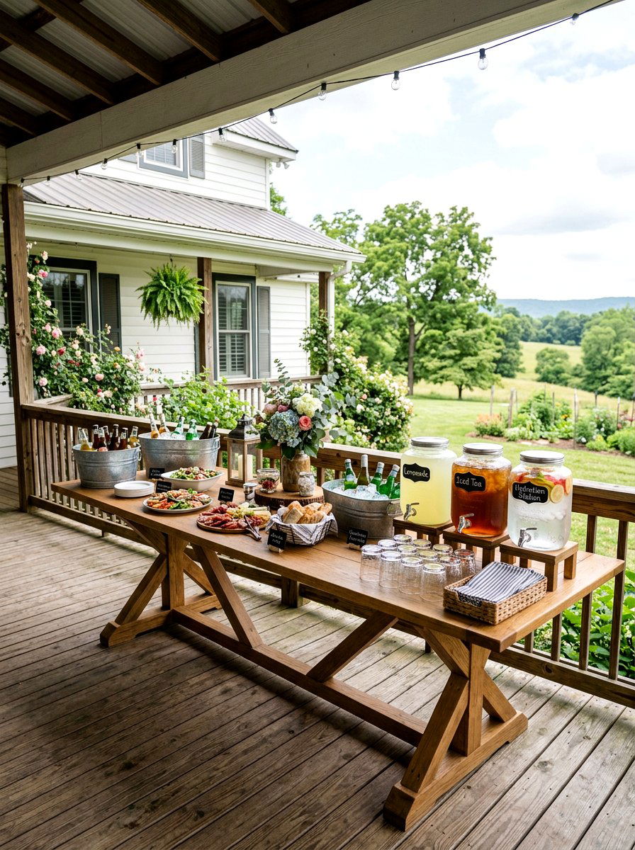 Farmhouse wooden buffet bar - 30 drink station patio ideas