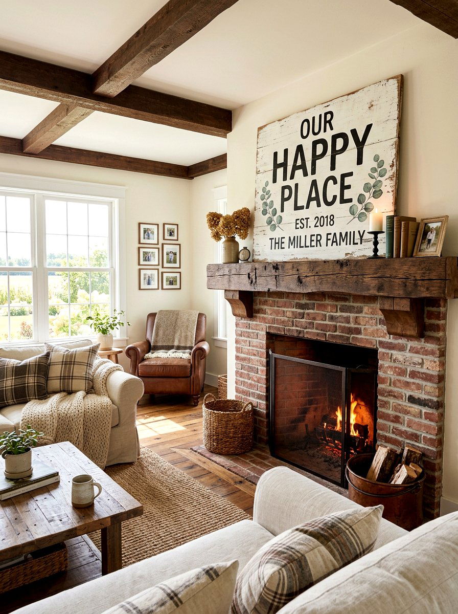 Farmhouse wooden sign - 30 mantel shelfie ideas