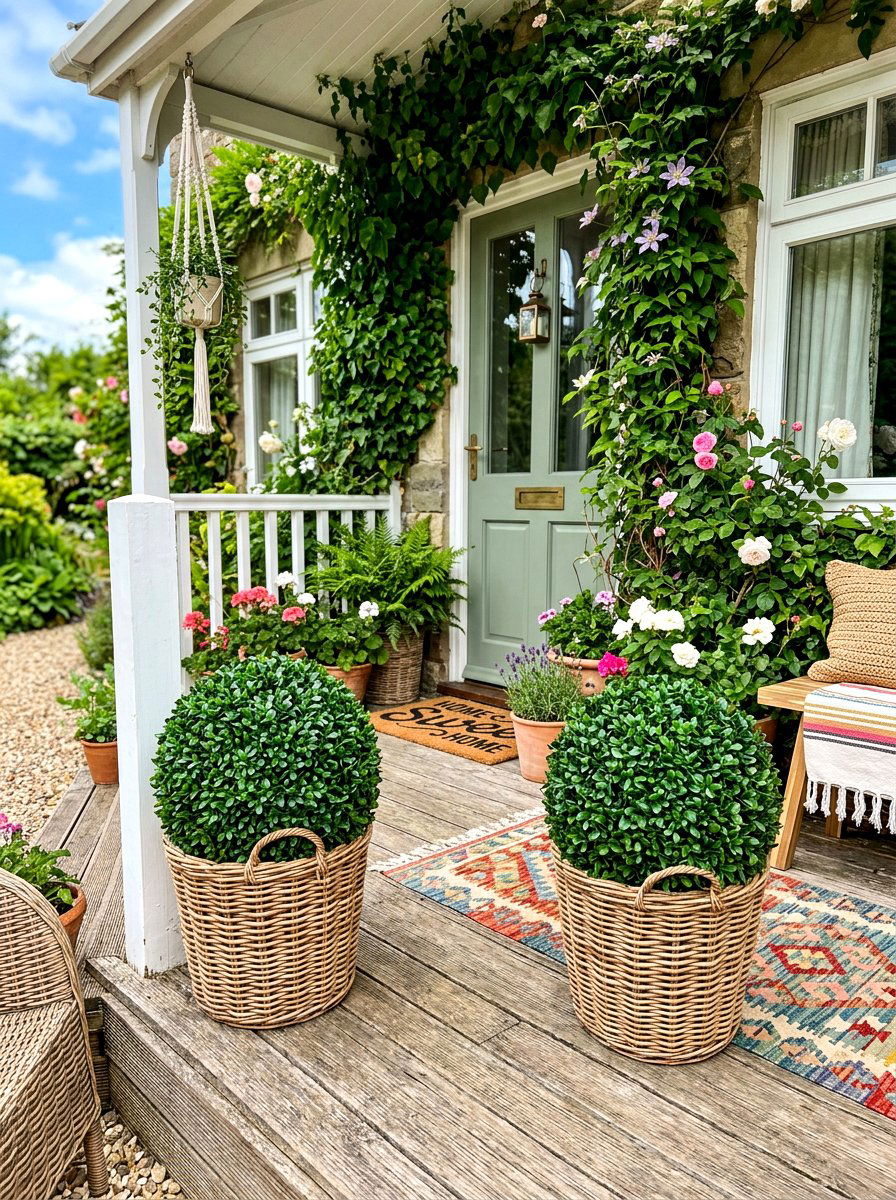 Faux Boxwood Ball Porch - 30 topiary front porch ideas aesthetic