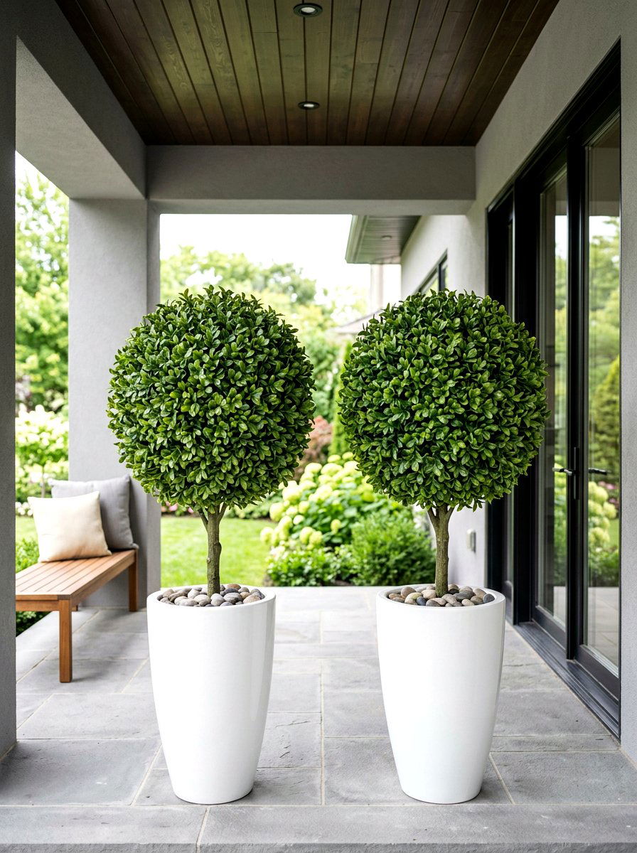 Faux Boxwood Tree - 30 topiary porch ideas