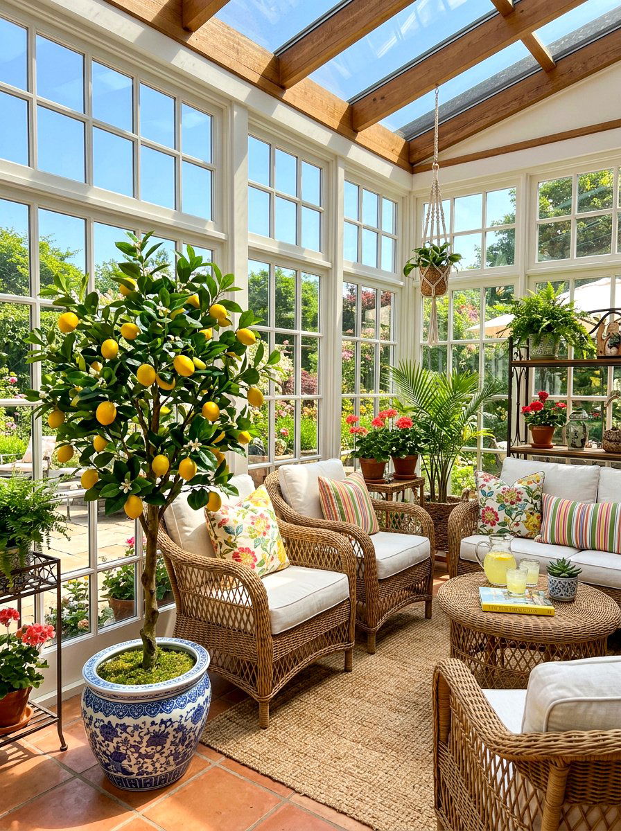 Faux Citrus Tree Sunroom - 30 faux plant decor ideas