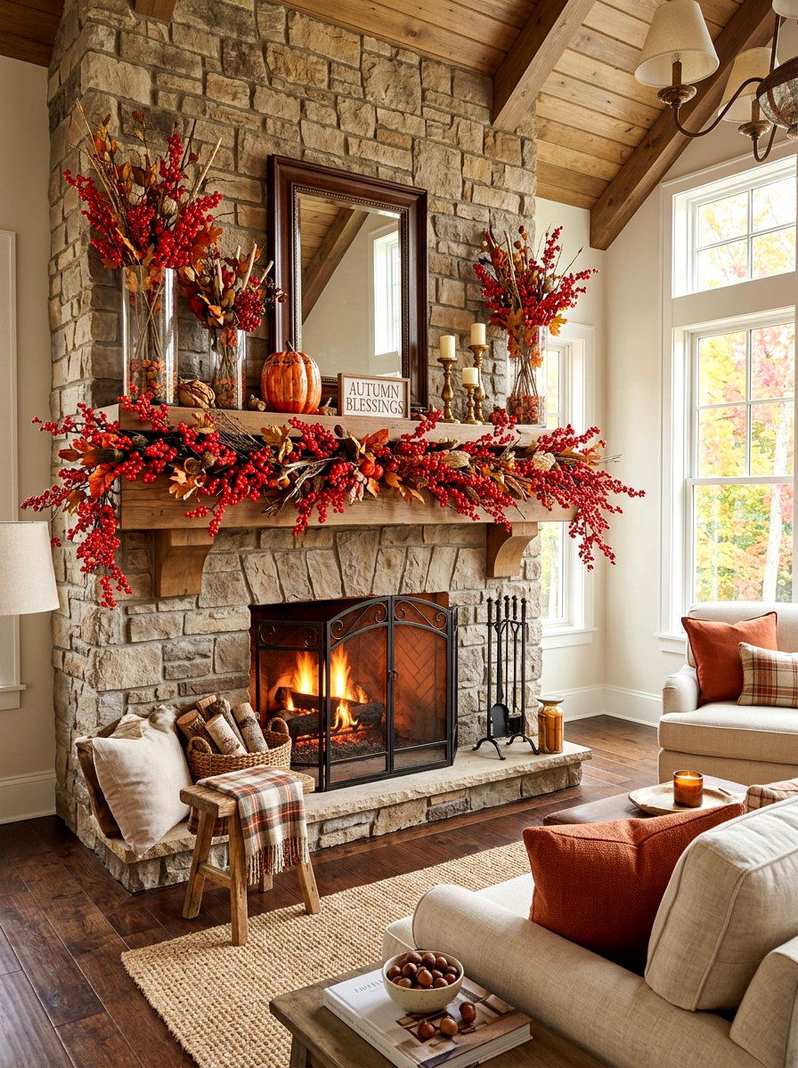 Faux Fall Berry Branch Mantel - 30 fall mantel styling ideas