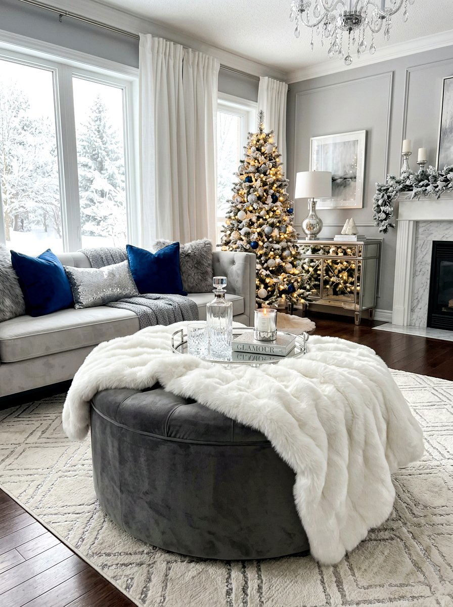 Faux Fur Draped Ottoman - 30 living room ottoman styling ideas