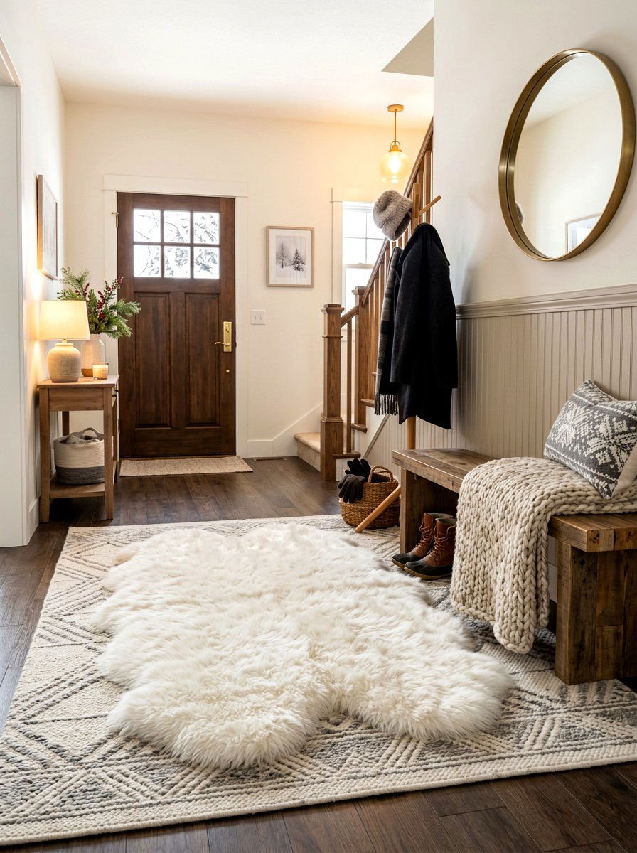Faux Fur Layered On Flatweave Rug - 30 entrance rug layering ideas