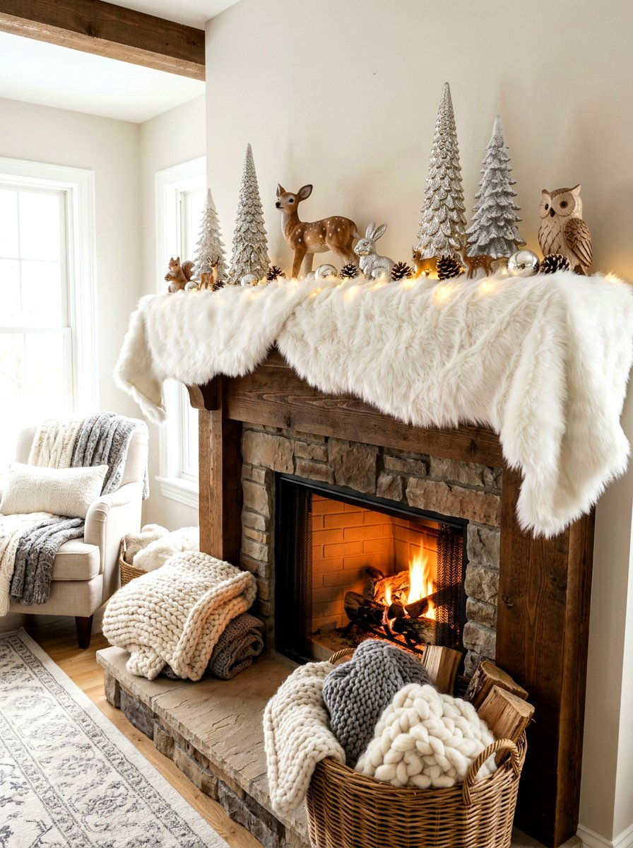 Faux Fur Mantel - 30 holiday mantel garland ideas