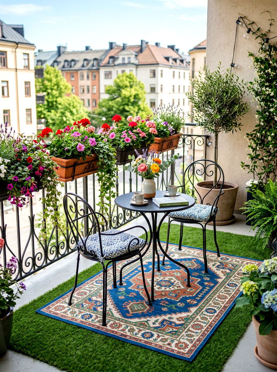 Faux Grass Rug Under Patterned Mat - 30 layered outdoor rug ideas