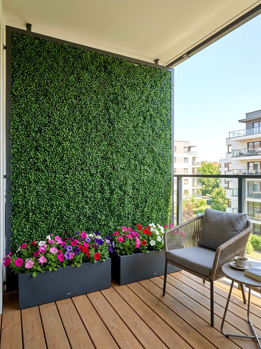 Faux boxwood wall with planters - 30 privacy planter screen ideas