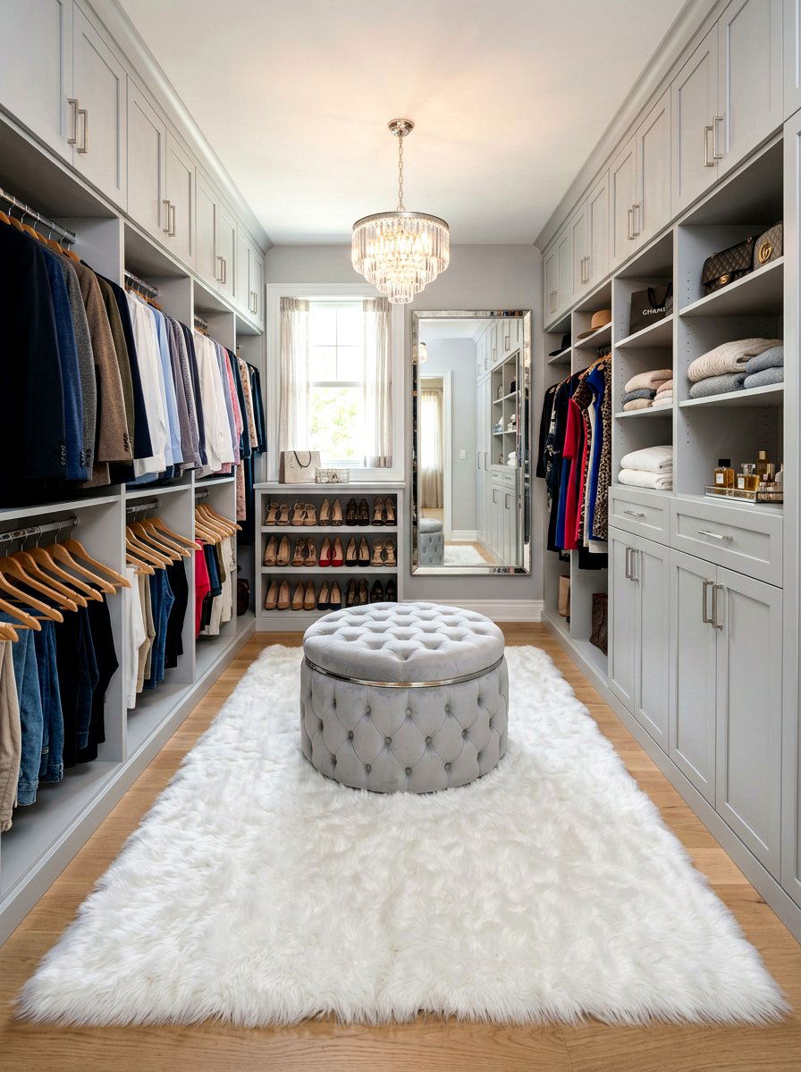 Faux fur rug closet decor - 30 glam closet ideas