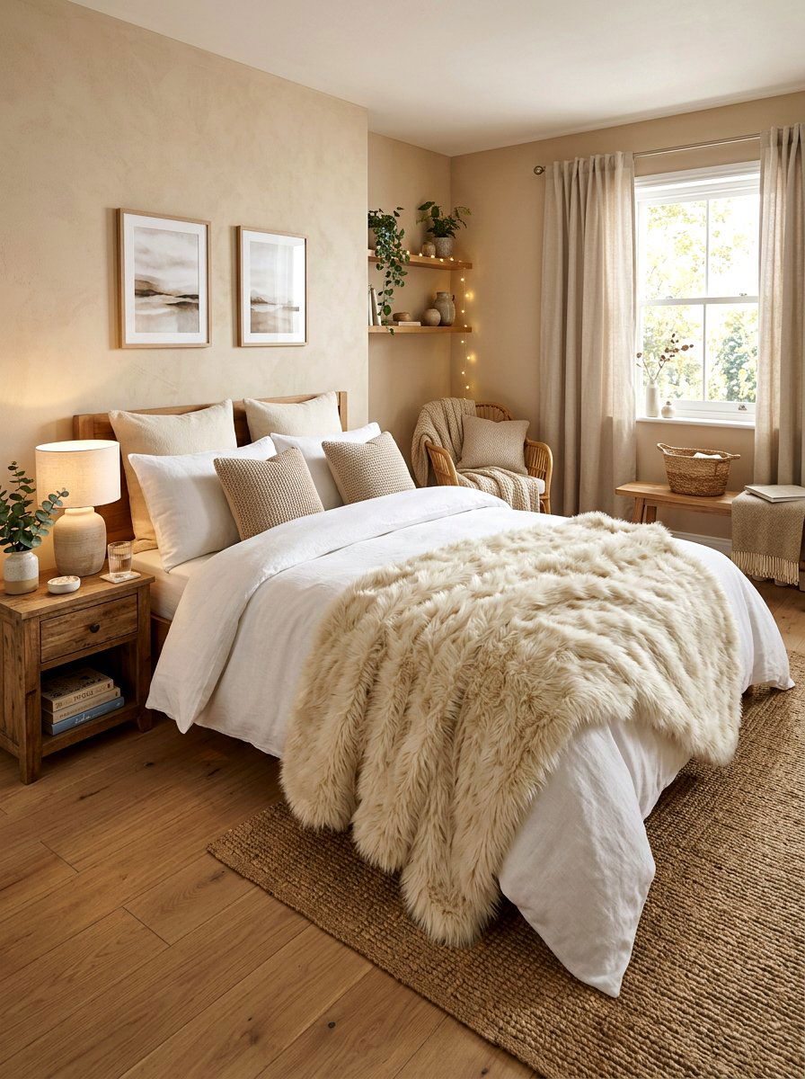 Faux fur throw blanket - 30 pillowy bed styling ideas