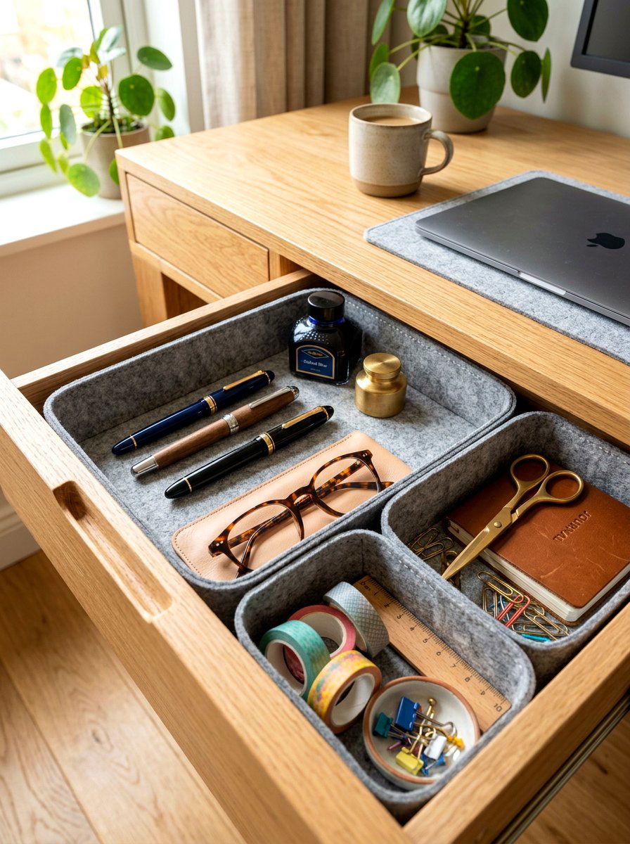 Felt Office Supply Bins - 30 desk drawer organization ideas
