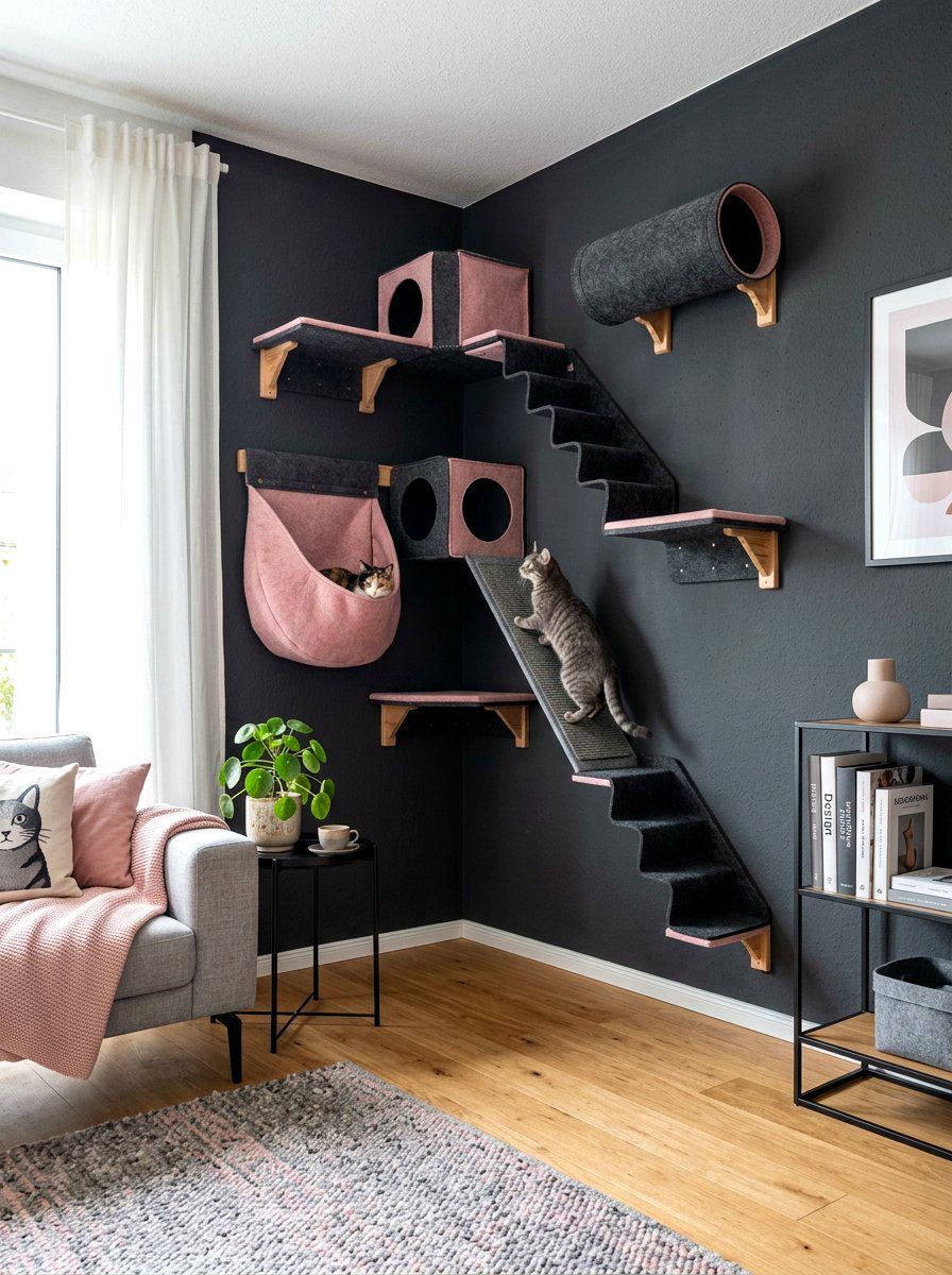 Felt cat climbing corner - 30 cat climbing corner ideas