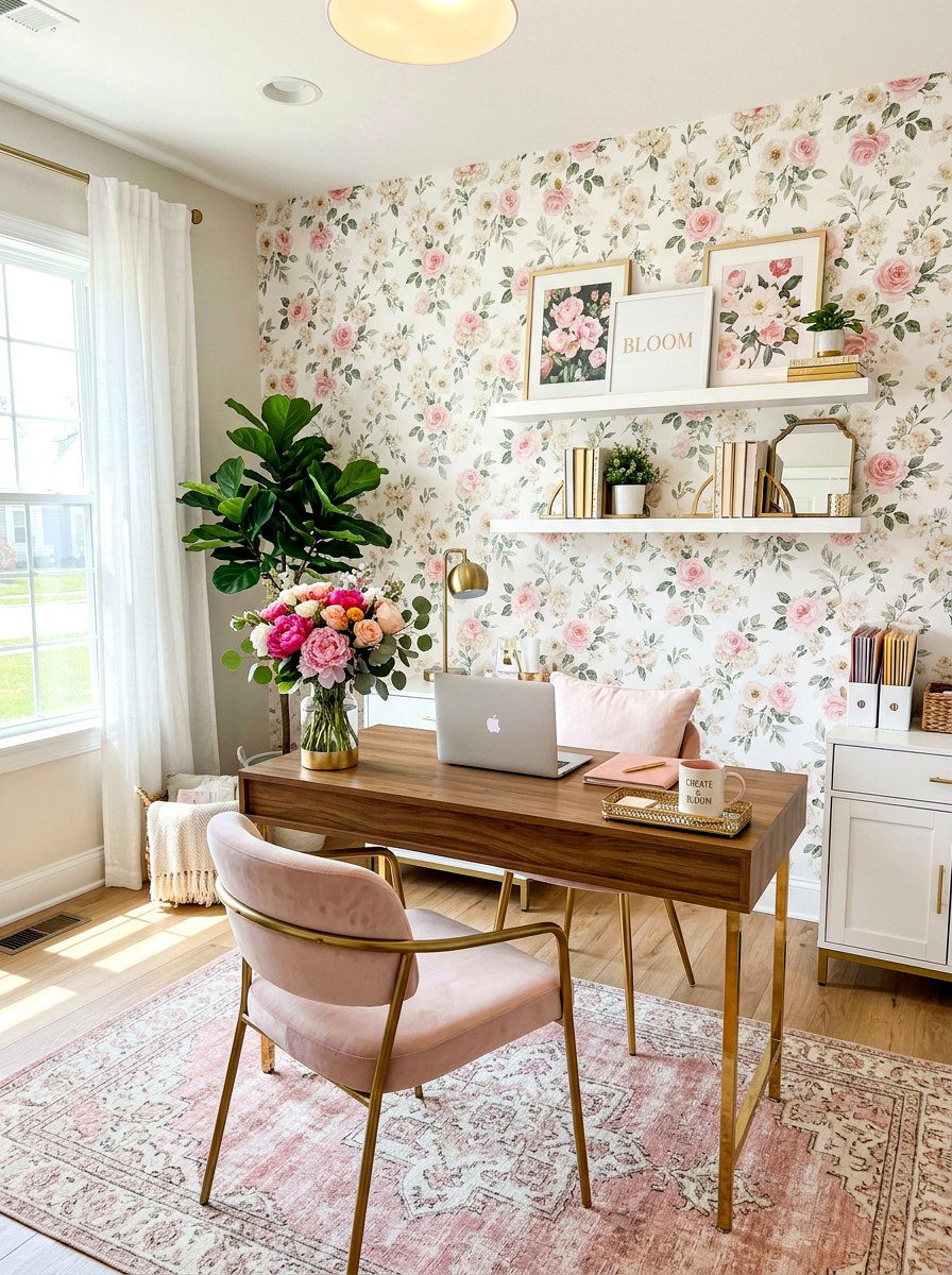 Feminine Floral Office - 30 cozy office ideas