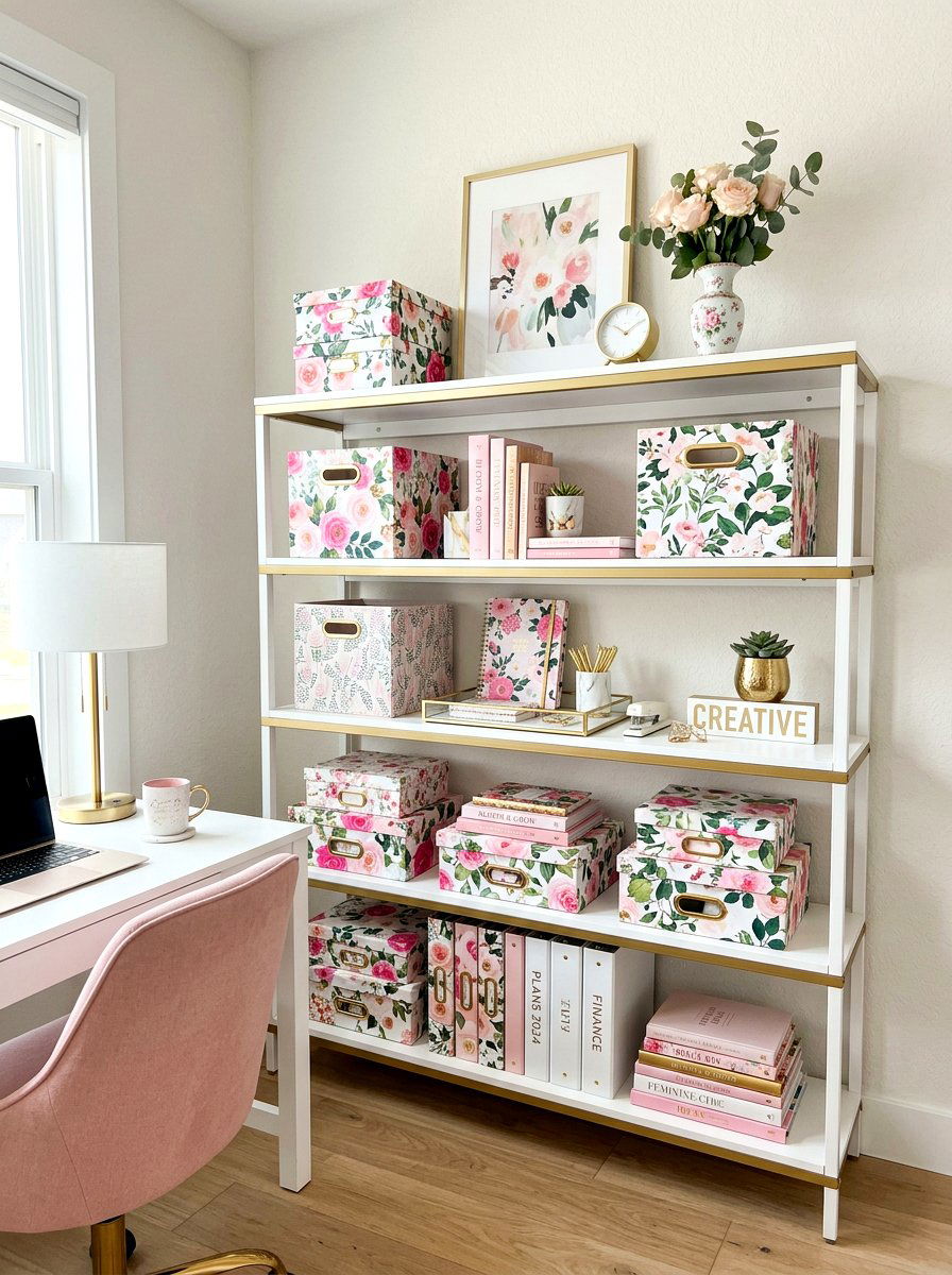 Feminine floral office shelves - 30 home office shelf ideas