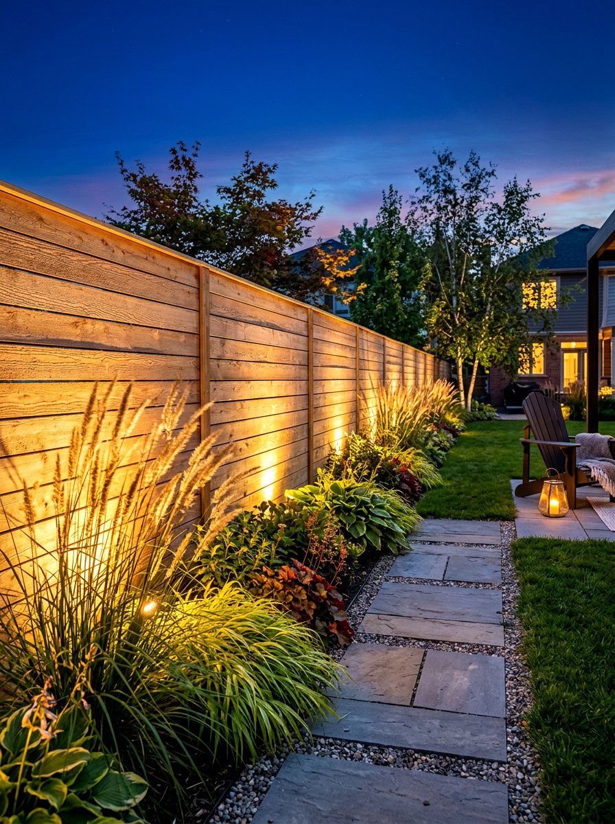 Fence Line Outdoor Lighting - 30 side yard privacy fence landscaping ideas