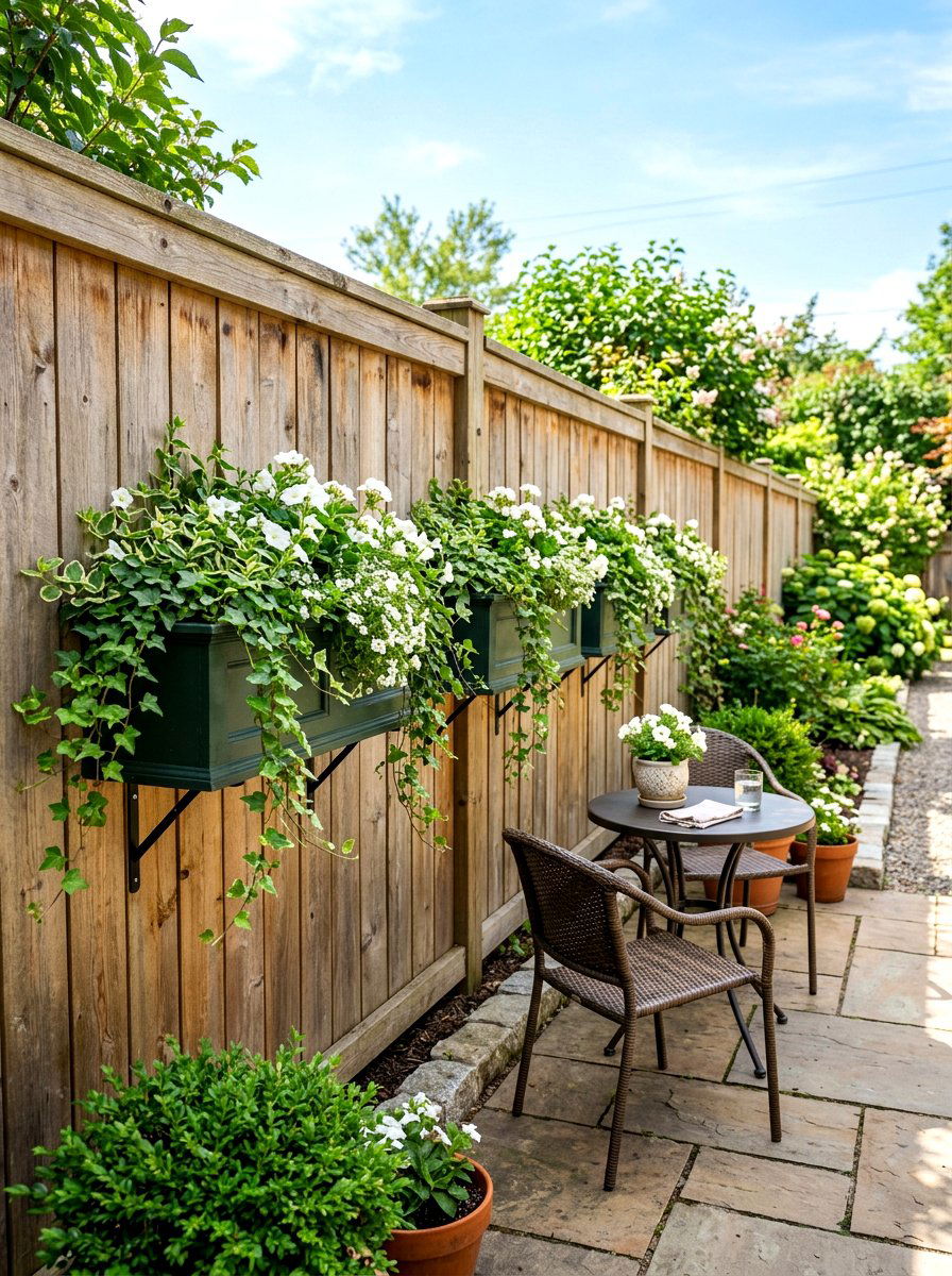 Fence Mounted Window Boxes - 30 fence line landscaping ideas