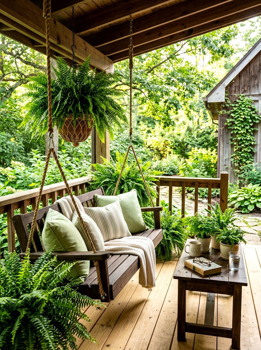 Fern Filled Porch Swing - 30 fern filled front porch ideas
