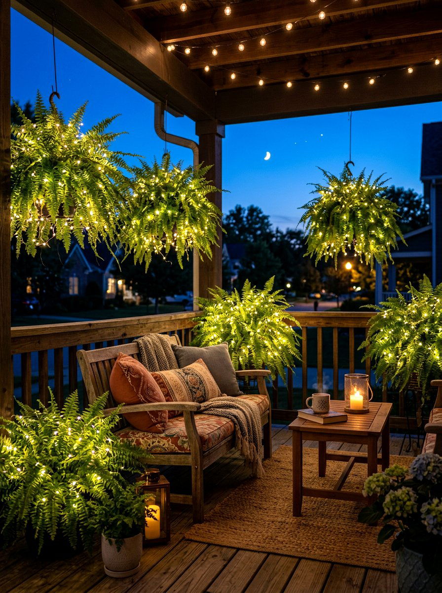 Fern and String Light Ambiance - 30 porch ferns ideas
