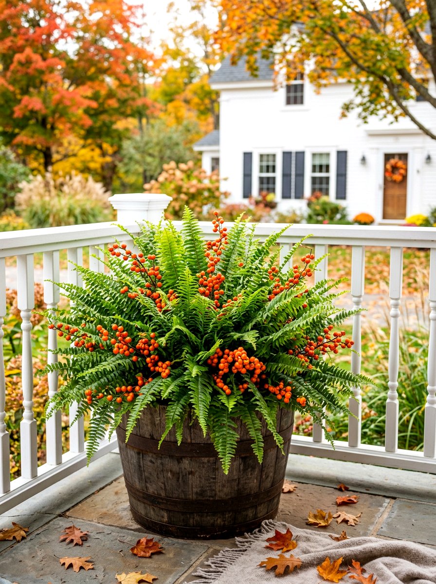 Fern and faux berry autumn container - 30 autumn planter ideas