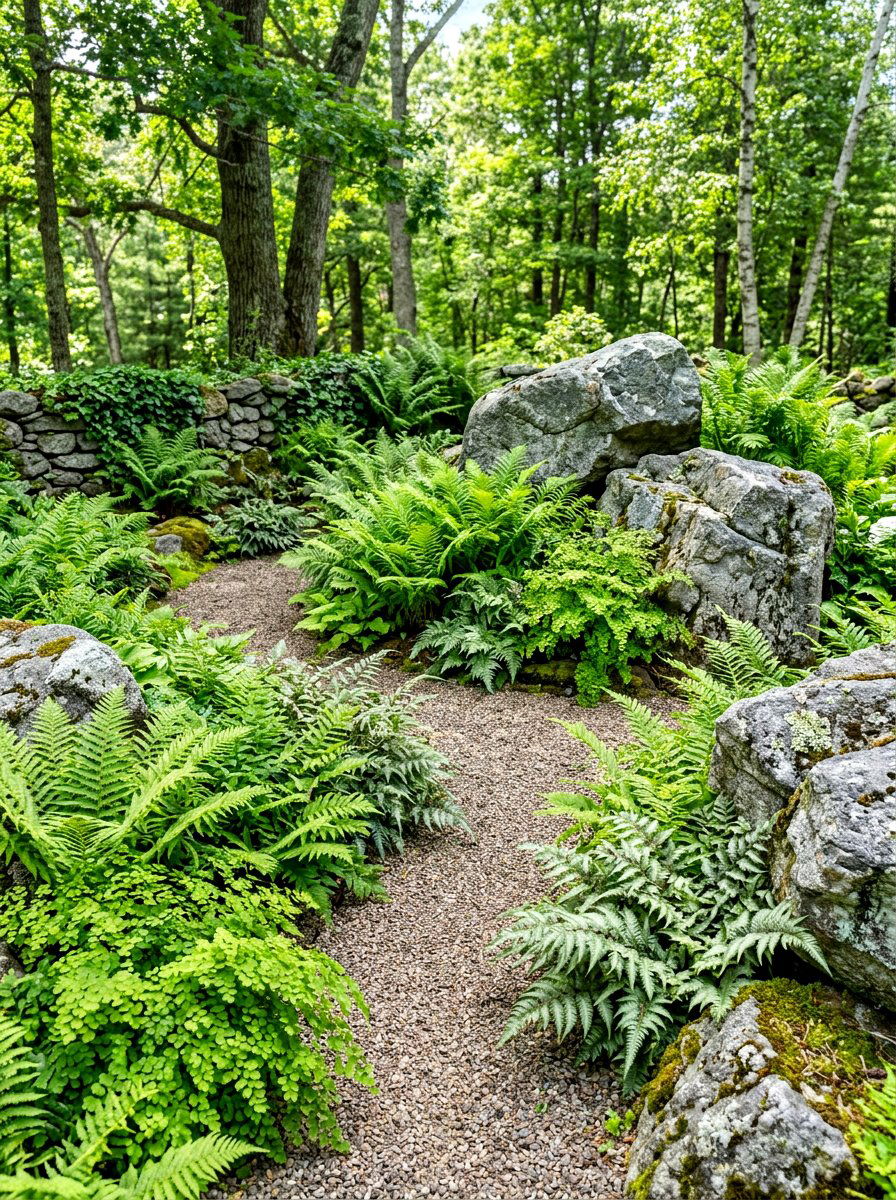 Fern and stone garden - 30 shade perennial garden ideas