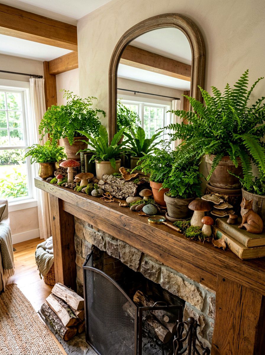 Fern and woodland mantel - 30 spring mantel decor ideas