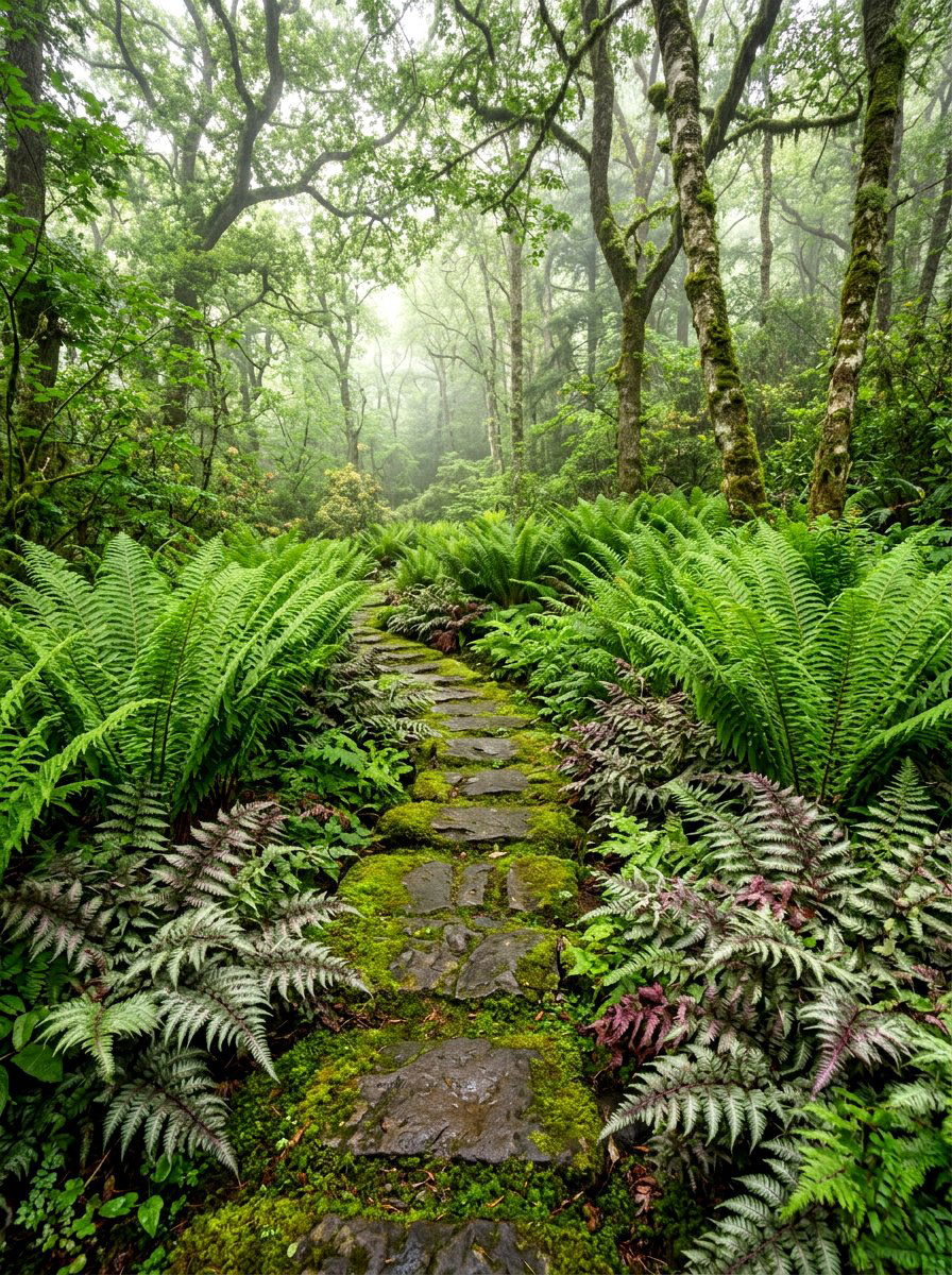 Fern shaded walkway - 30 front path flower bed ideas