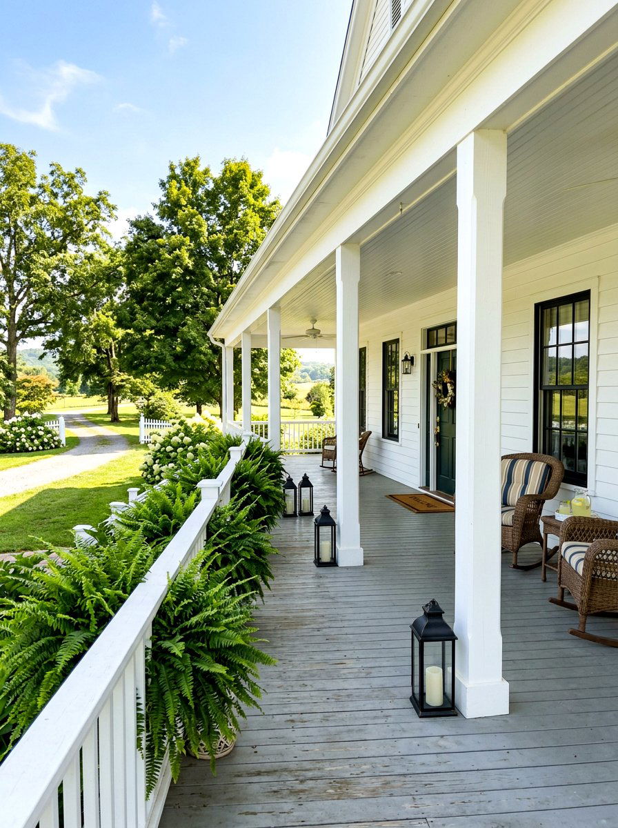 Ferns and white farmhouse porch - 30 fern front porch ideas