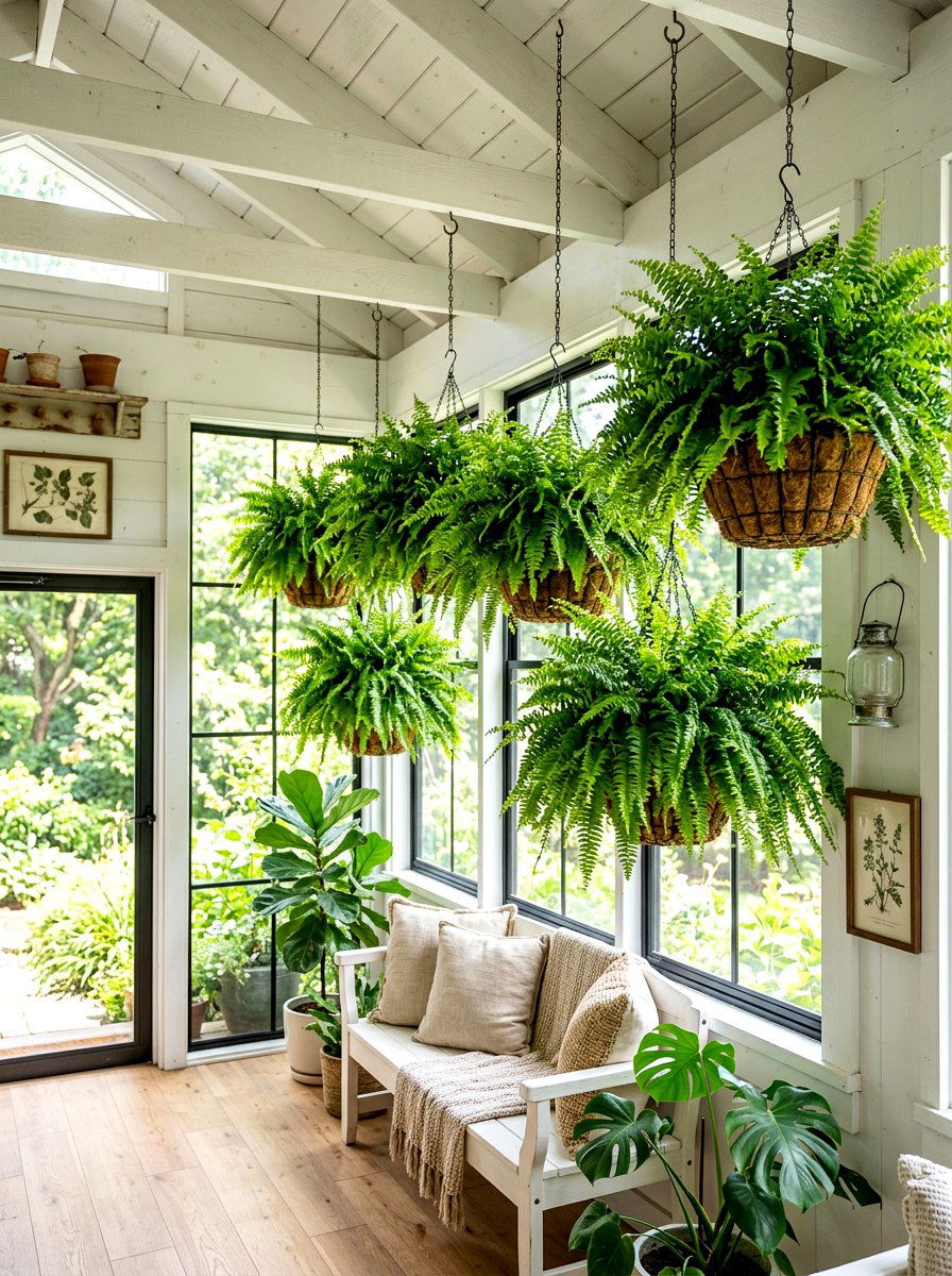 Ferns hanging baskets - 30 indoor plant decor ideas