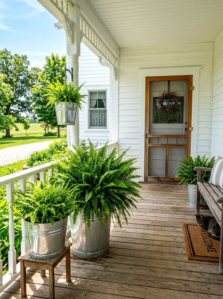 Ferns in galvanized metal buckets - 30 fern front porch ideas