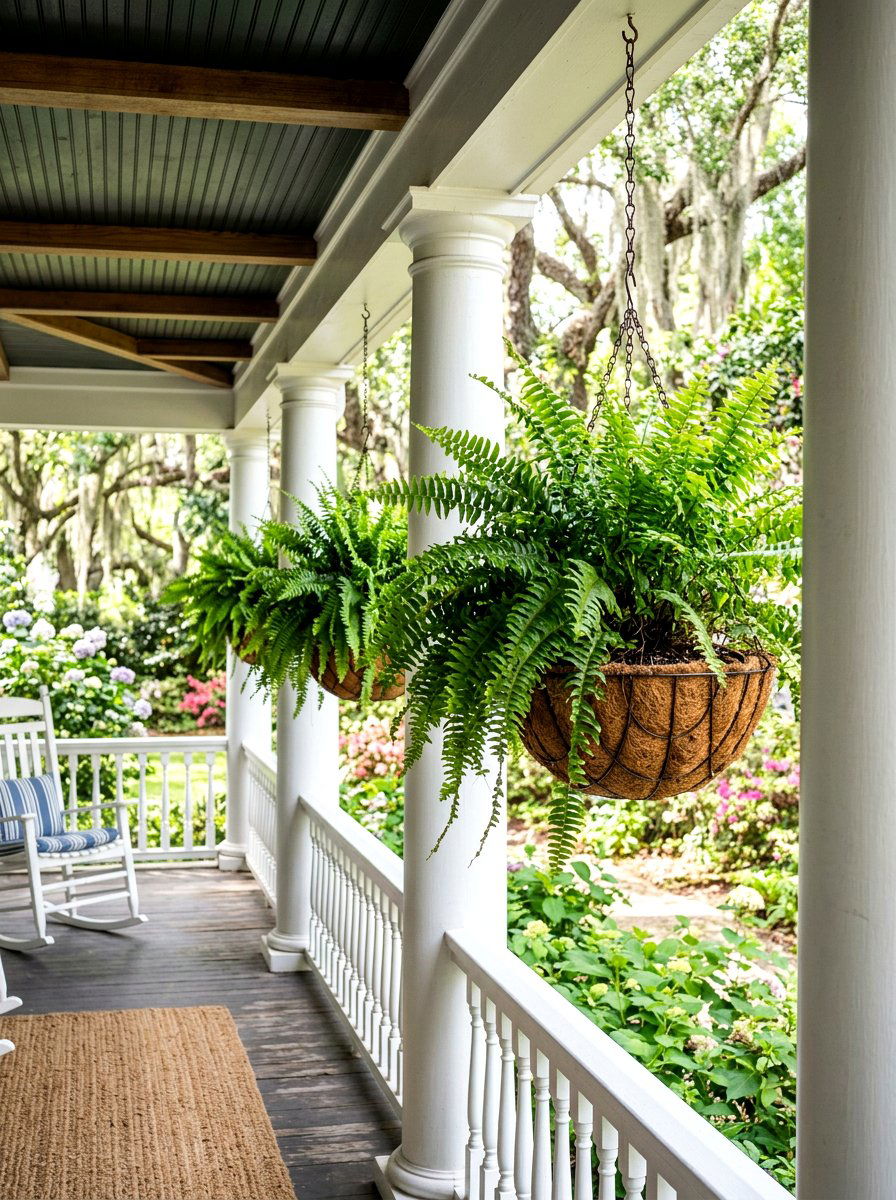 Ferns in hanging porch containers - 30 front porch planter ideas