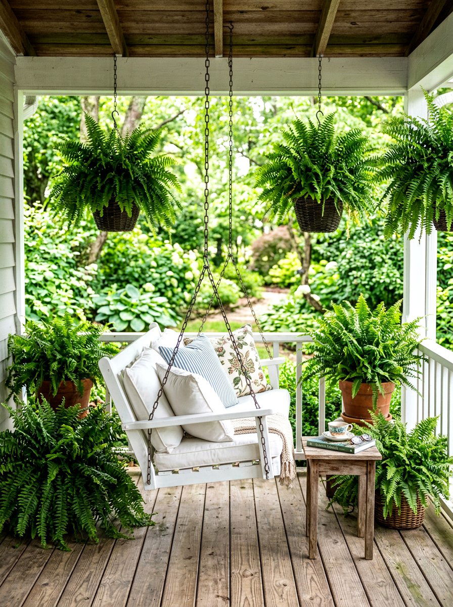 Ferns on a porch swing - 30 fern front porch ideas