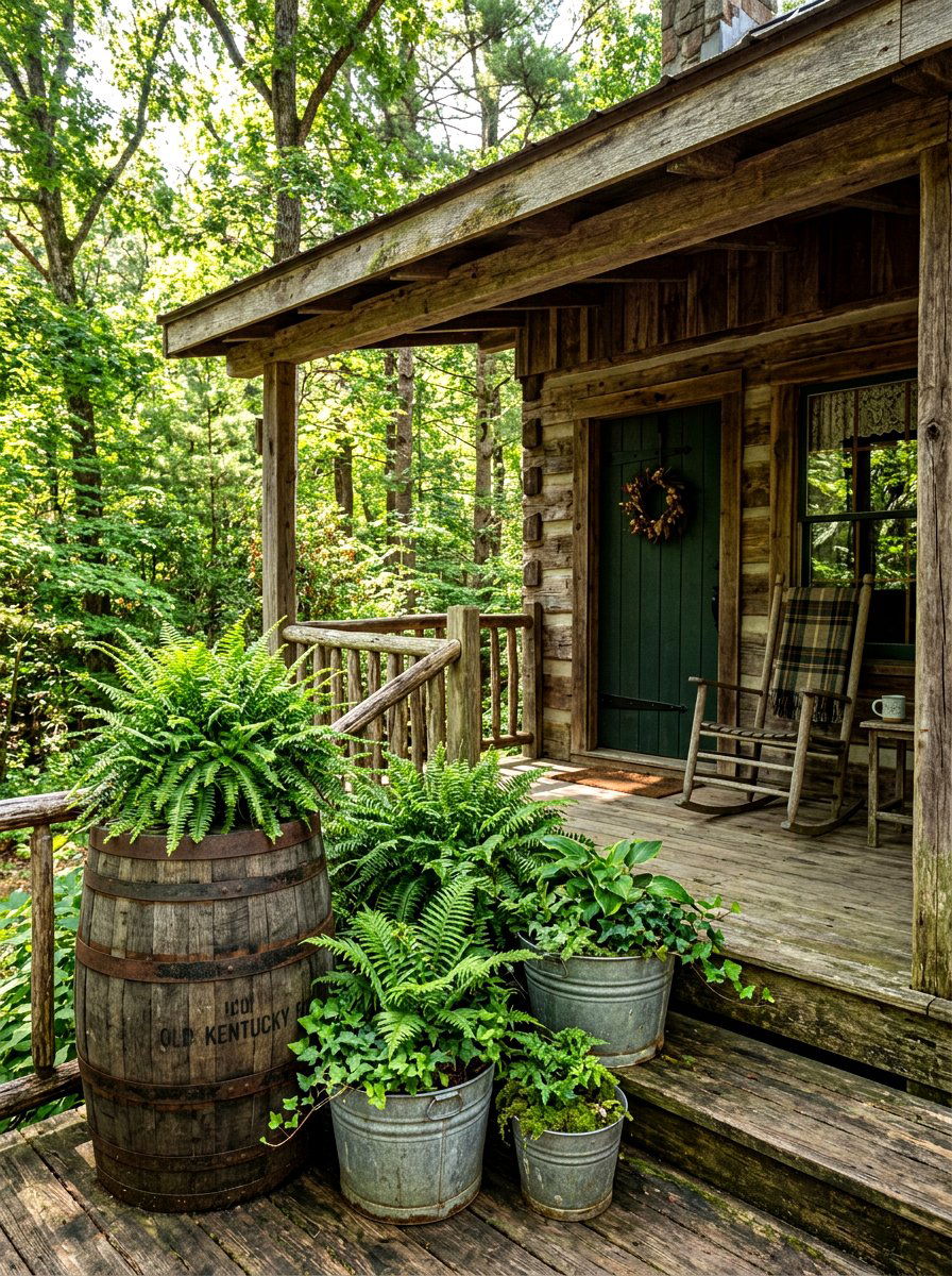 Ferns on a rustic wooden porch - 30 fern front porch ideas
