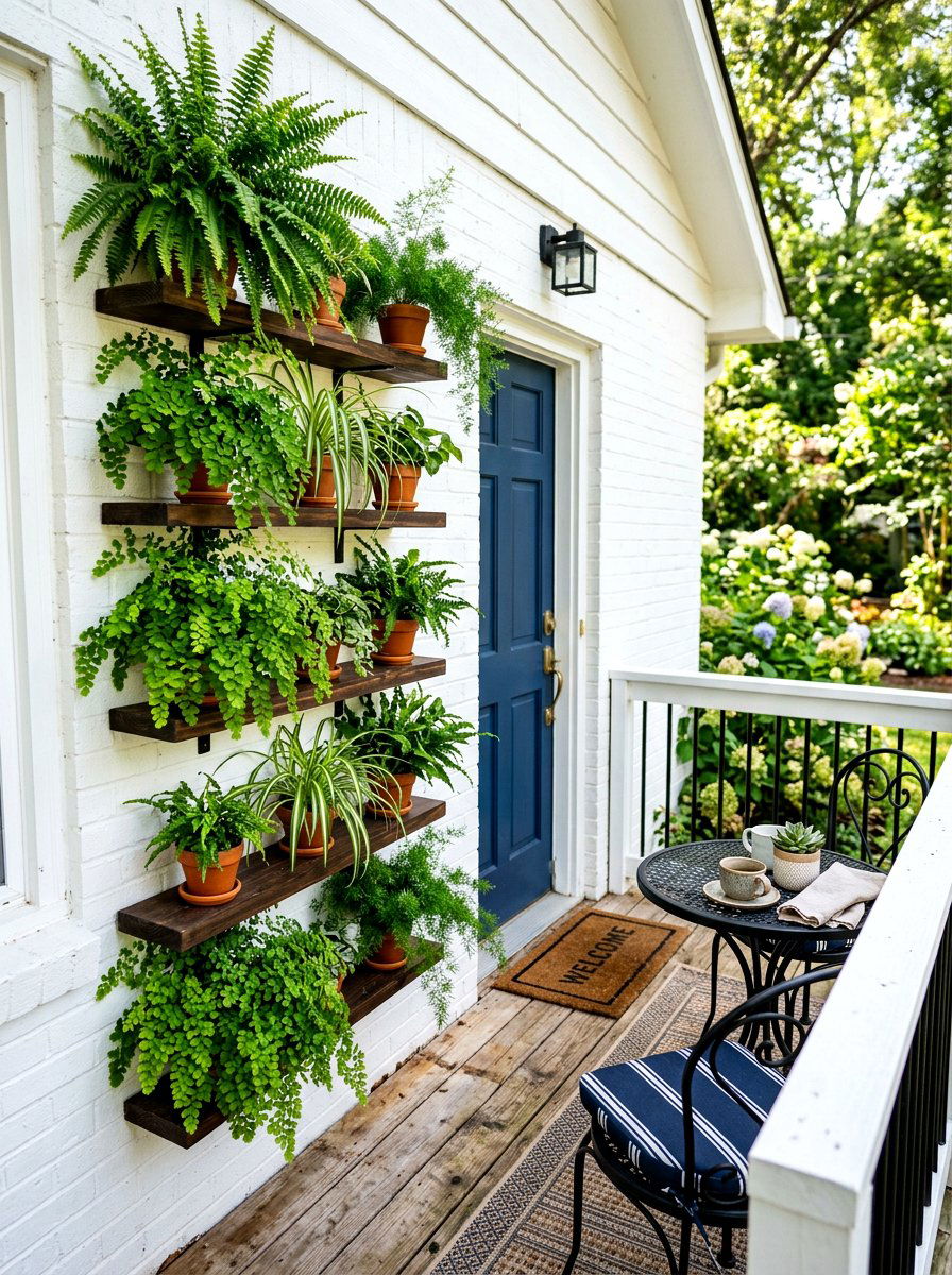 Ferns on wall mounted shelves - 30 fern front porch ideas