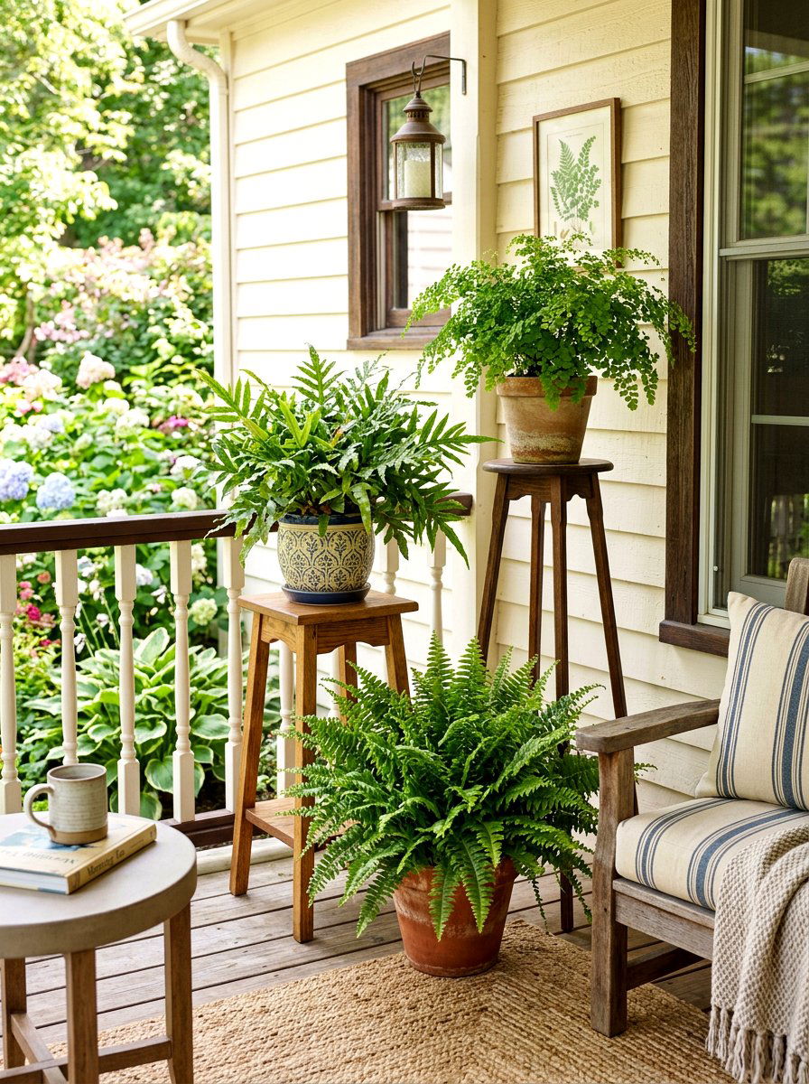 Ferns on wooden plant stands - 30 fern front porch ideas
