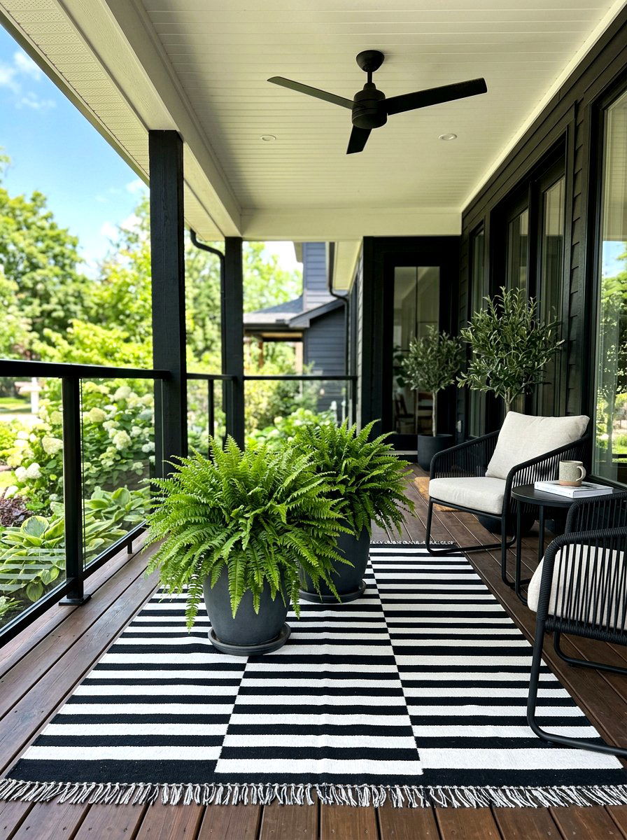 Ferns with a striped porch rug - 30 fern front porch ideas