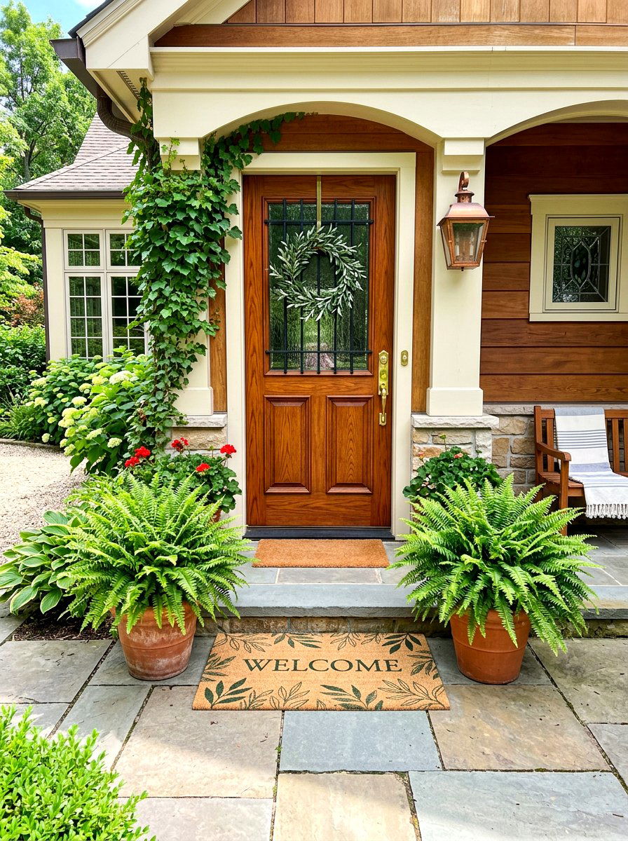 Ferns with a welcome mat - 30 fern front porch ideas
