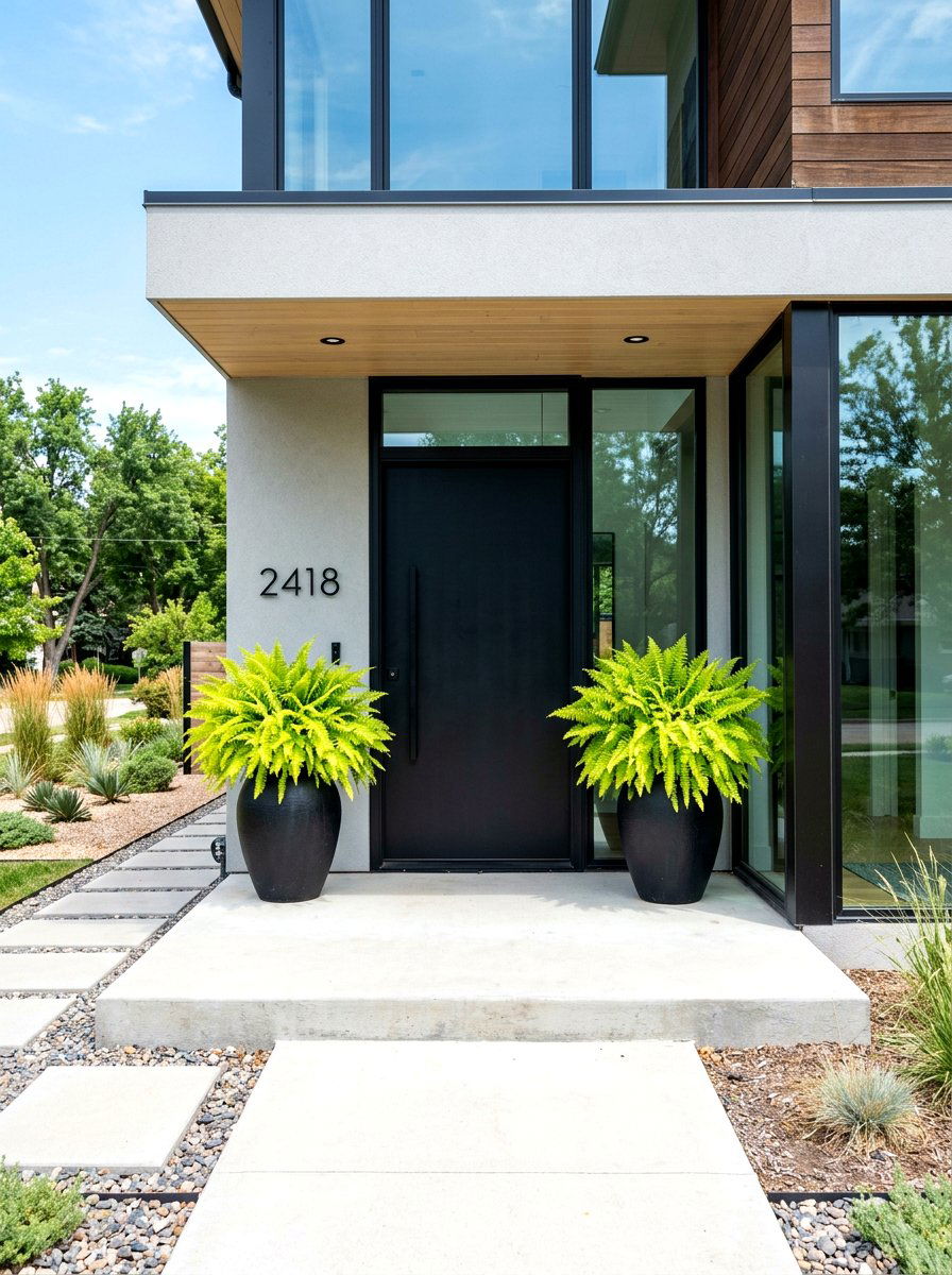 Ferns with black front door - 30 fern front porch ideas
