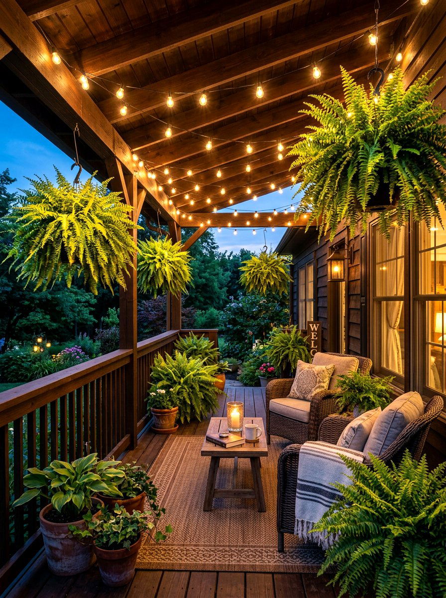 Ferns with outdoor string lights - 30 fern front porch ideas