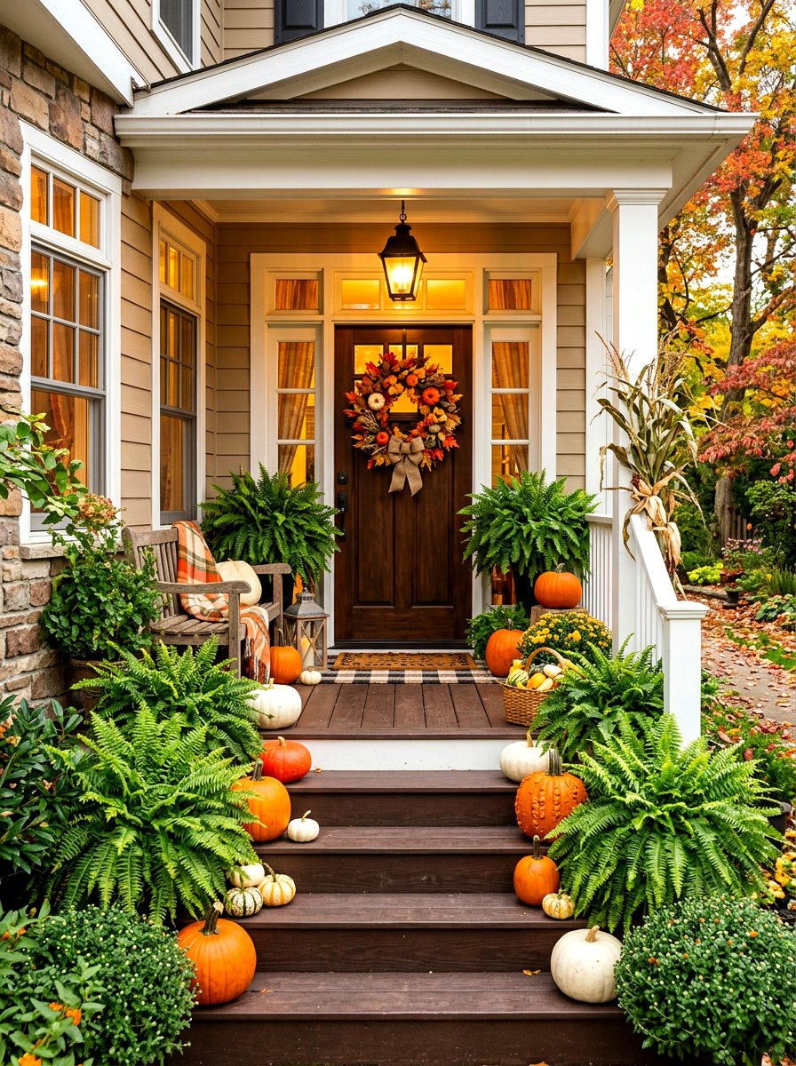 Ferns with seasonal porch decor - 30 fern front porch ideas