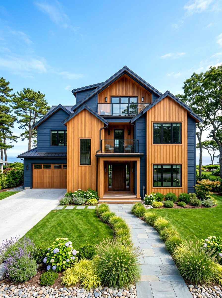 Fiber cement and cedar siding - 30 mixed material facade ideas