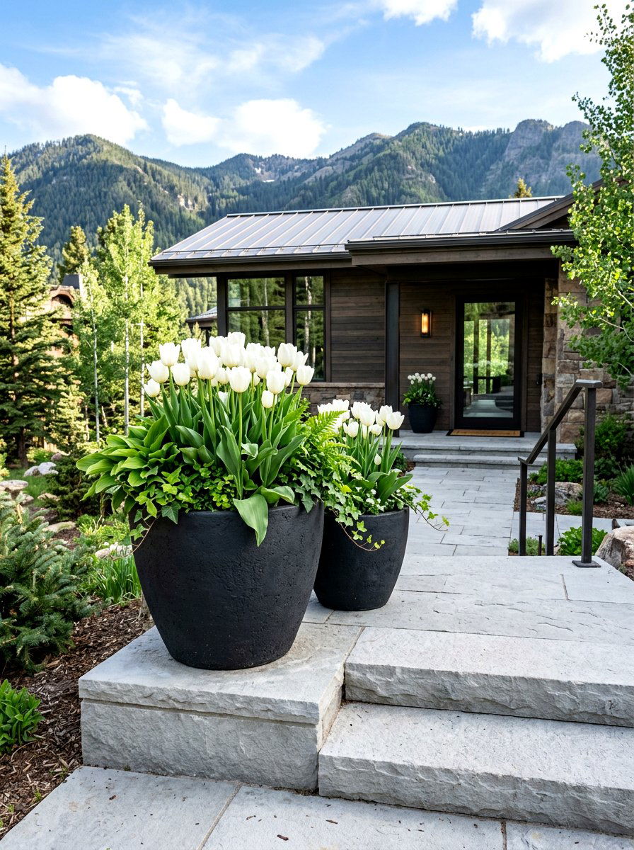 Fiber clay charcoal pots - 30 porch step planter ideas