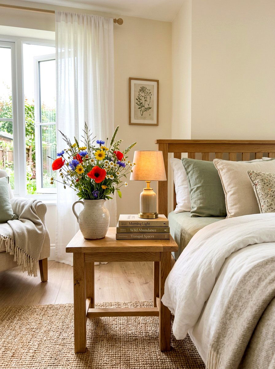 Field flowers on bedside table - 30 market bouquet decor ideas