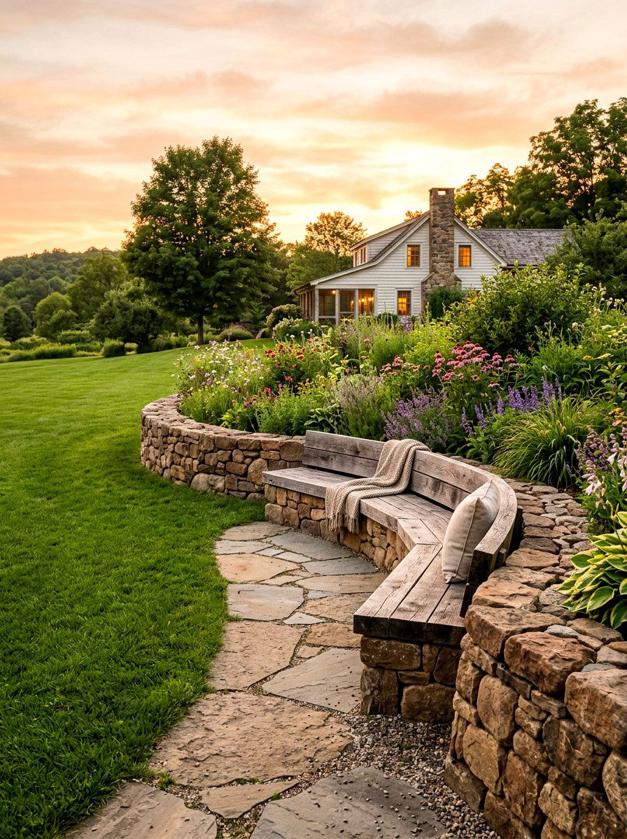 Fieldstone Border With Built In Seating - 30 seat wall ideas