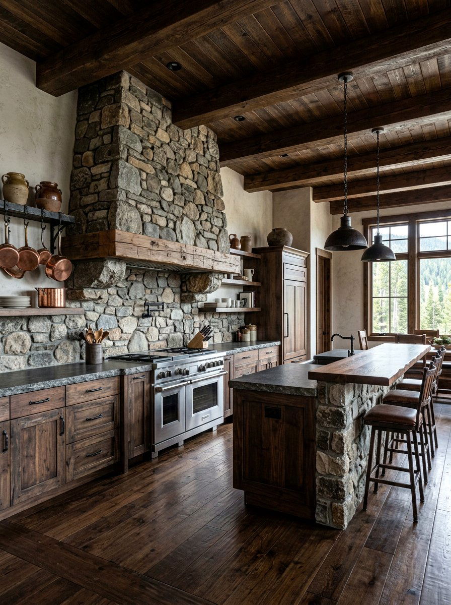 Fieldstone vent hood - 30 stone hood kitchen ideas
