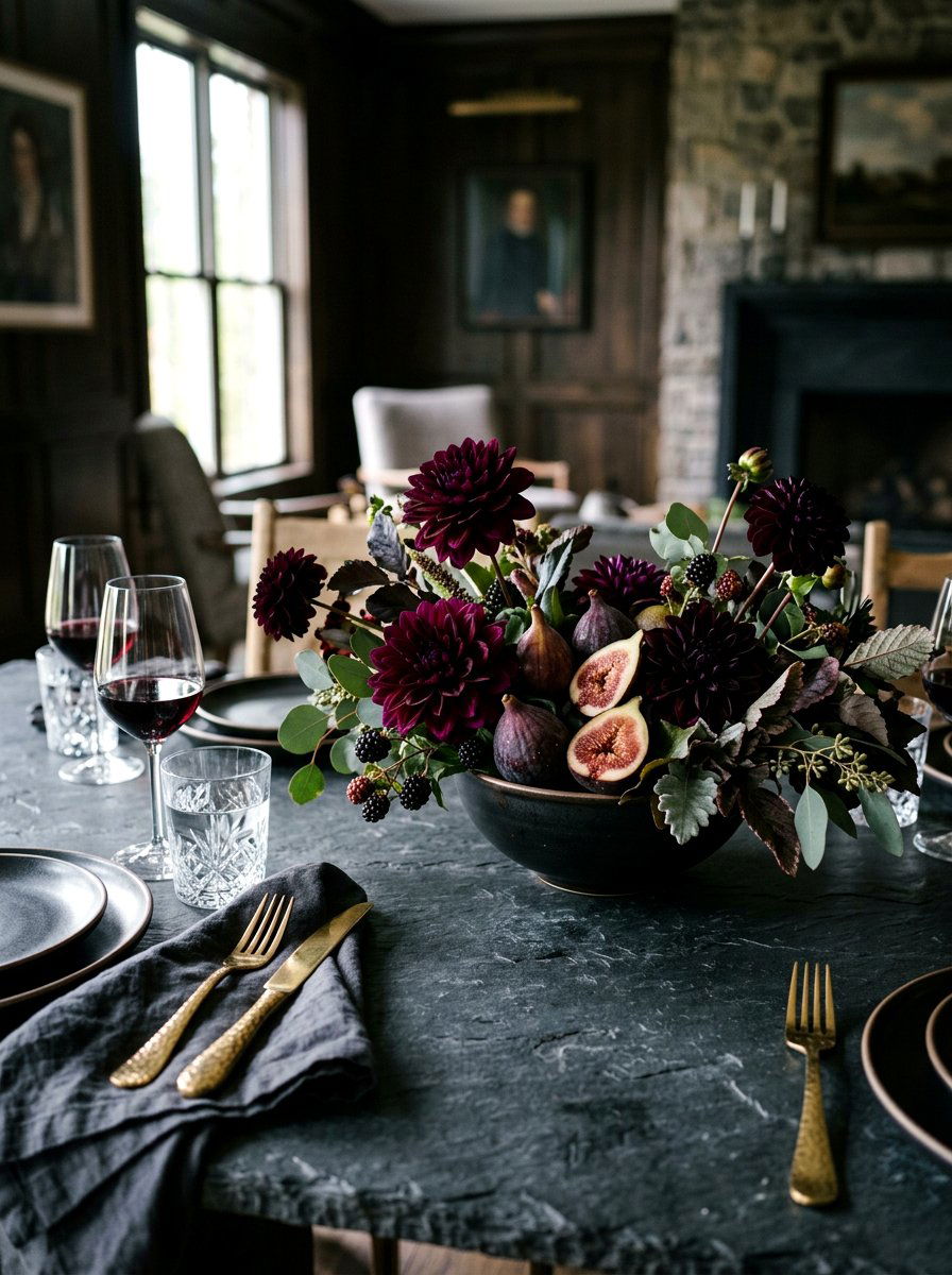 Fig and dark dahlia centerpiece - 30 fruit and floral tablescape ideas