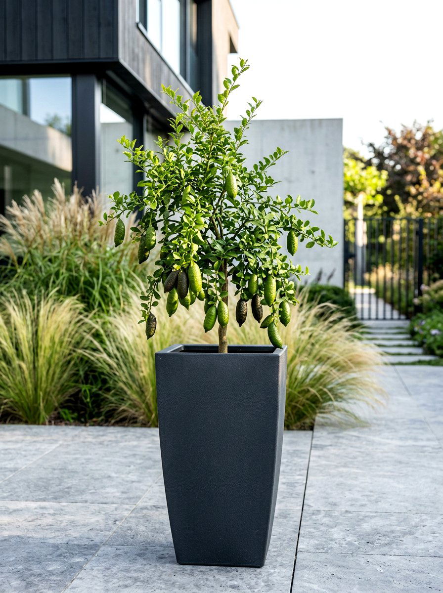 Finger Lime Tree In Modern Tall Planter - 30 potted citrus patio ideas