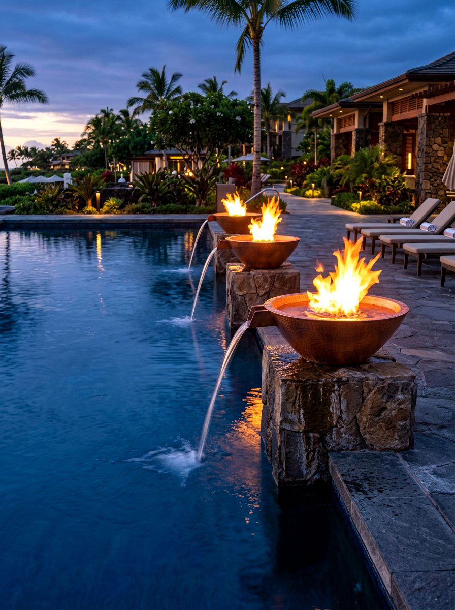 Fire And Water Bowls - 30 resort backyard pool ideas
