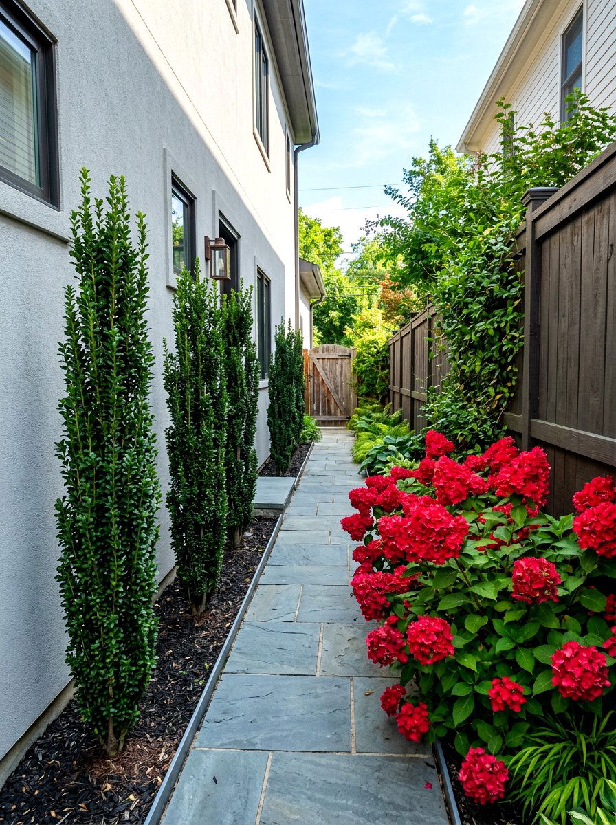 Fire Light hydrangea and sky pencil holly - 30 evergreen and hydrangea landscape ideas