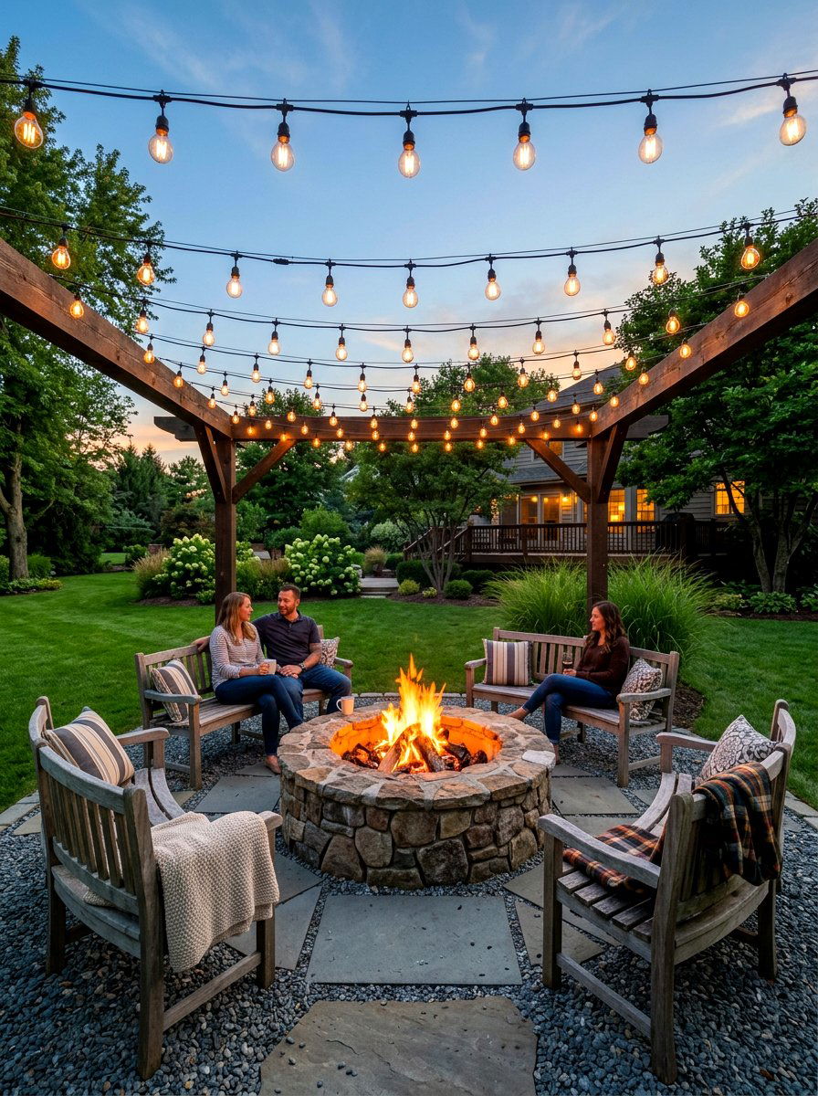 Fire Pit Bistro Lights - 30 bistro lights patio ideas