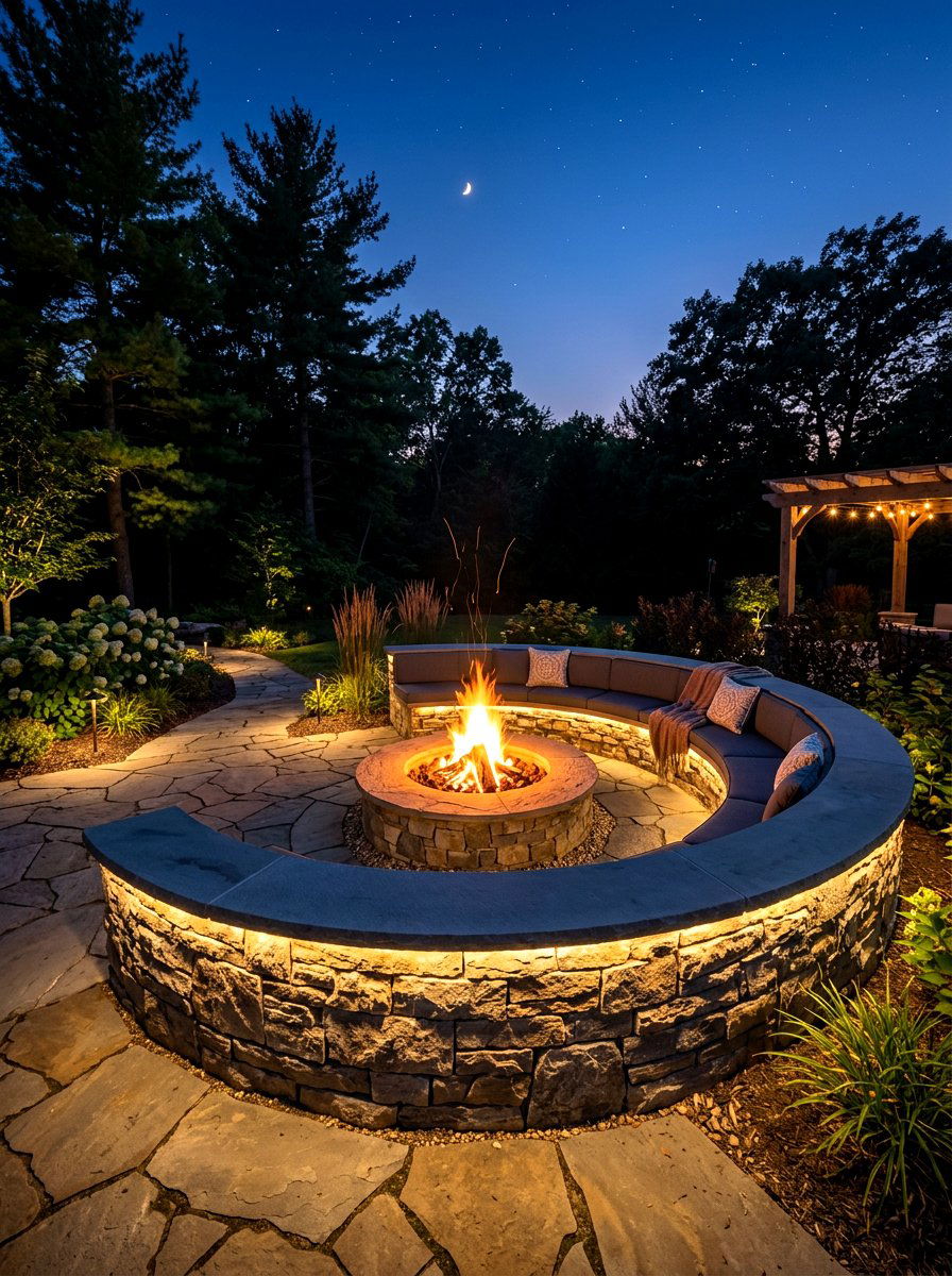 Fire Pit Seat Wall With Lighting - 30 seat wall fire pit ideas